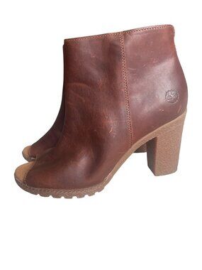 Timberland Tillston Leather Open Toe Bootie Women's 9 Cognac Brown Ankle Neutral